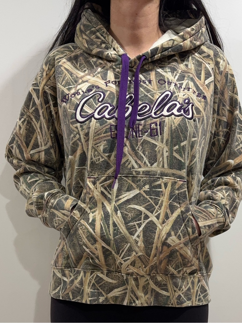Cabela's Realtree-Style Camo Hoodie with Purple Drawcord